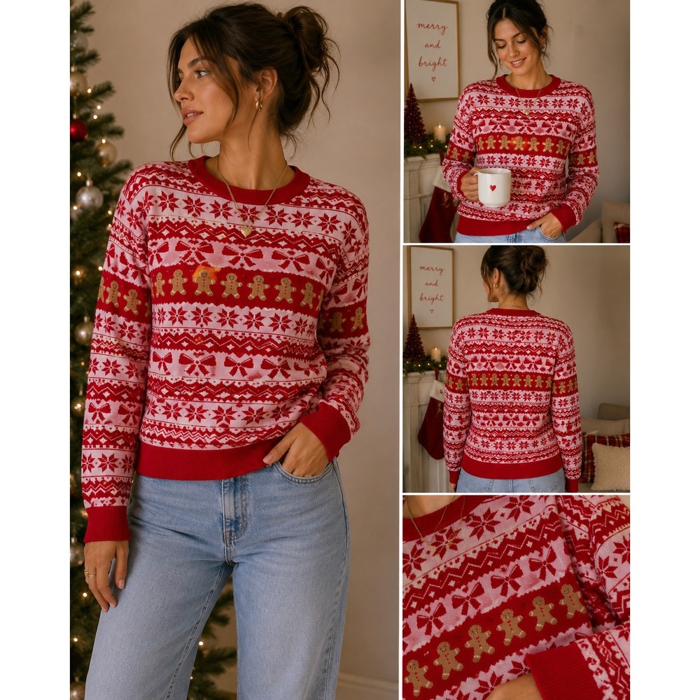 Planet Heart Women Red Pink Gingerbread Fair Isle Christmas Holiday Sweater L